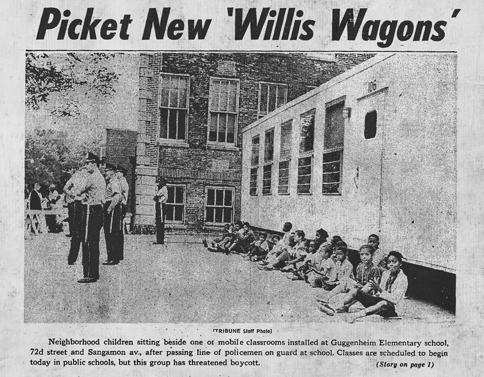 Newspaper photograph with young African American children sitting outside mobile classroom while Chicago police stand with backs turned.