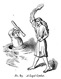 Rendering of woman swinging stone-sling down at man in hole with club.