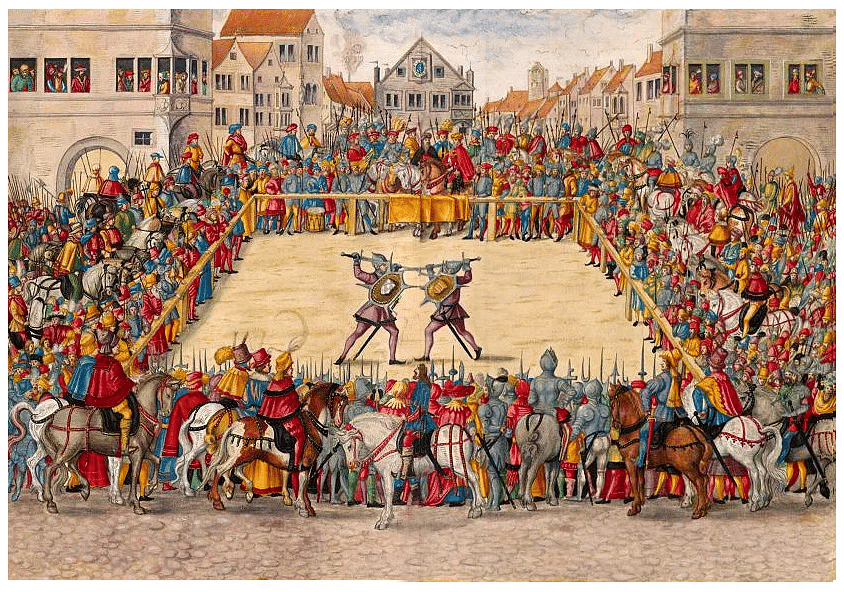 Painting of medieval duel with two men battling in the center of a crowd.