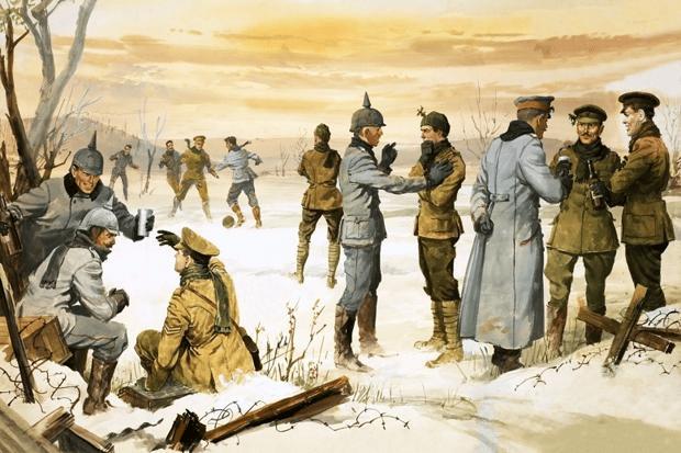 Painting of British and German soldiers playing soccer, sitting and chatting in No Man’s Land