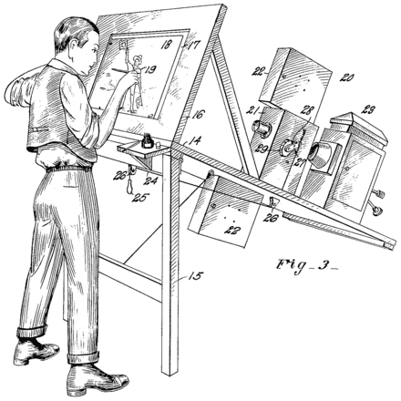 Rotoscope animation: Drawing of man tracing an image over glass with project behind it.