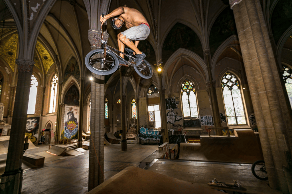 BMX rider jumping off a ramp at Sk8 Liborius